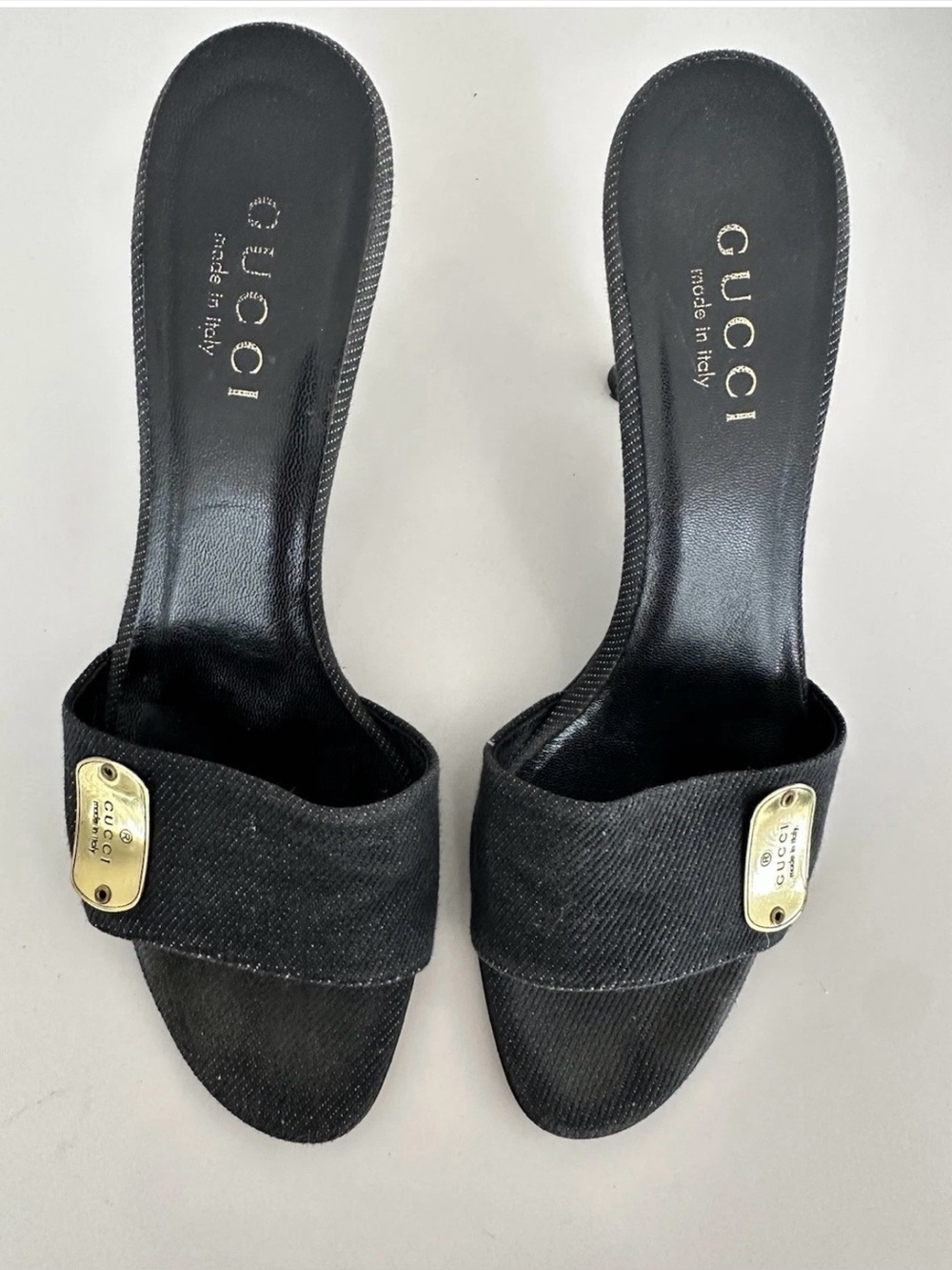 Gucci Black Denim Open-Toe Mid-Heel Mules with Gold Plaque